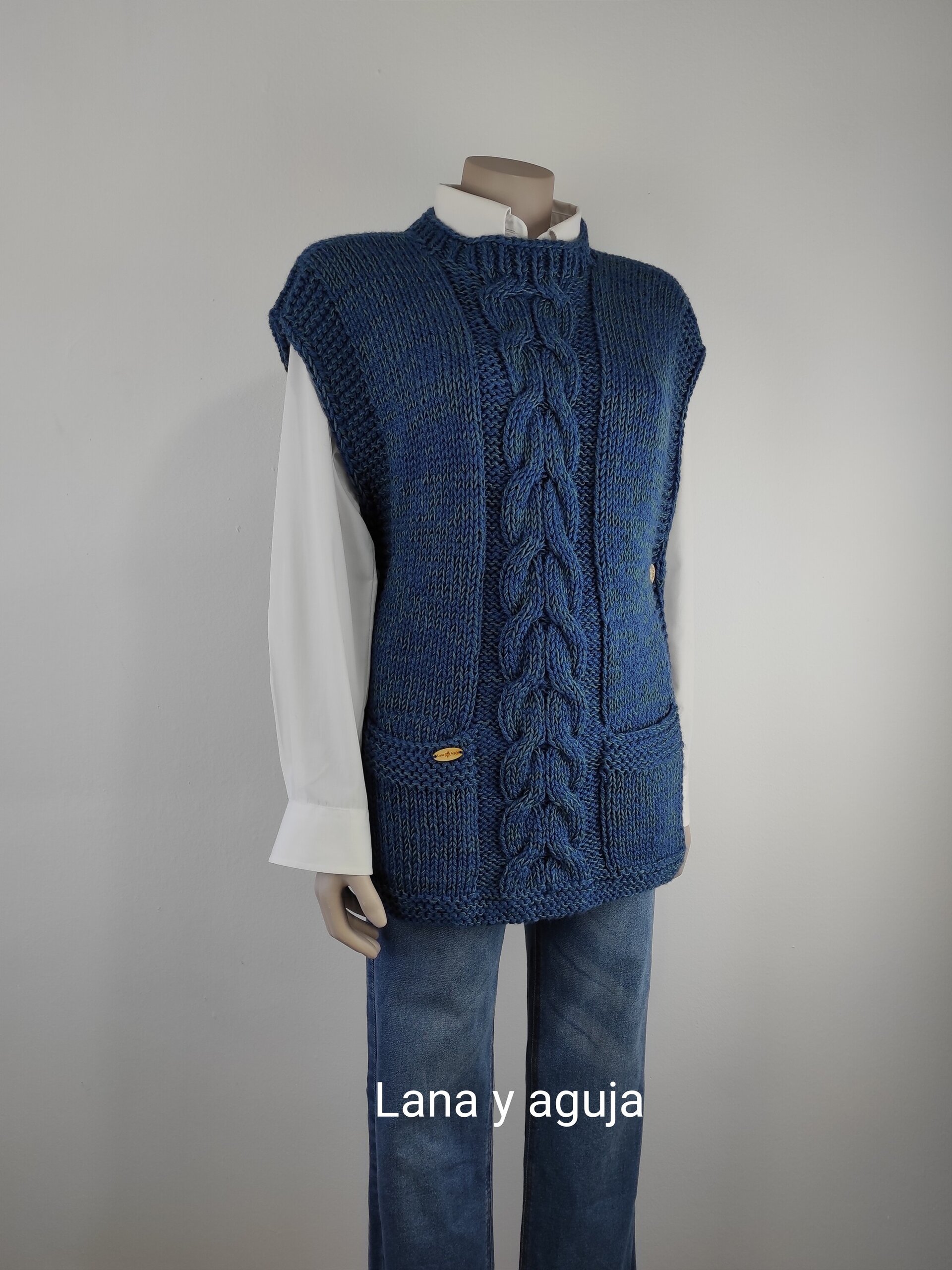 Chaleco mujer, Talla L, cuello redondo, tejido a mano, chaleco con bolsillos. - 2
