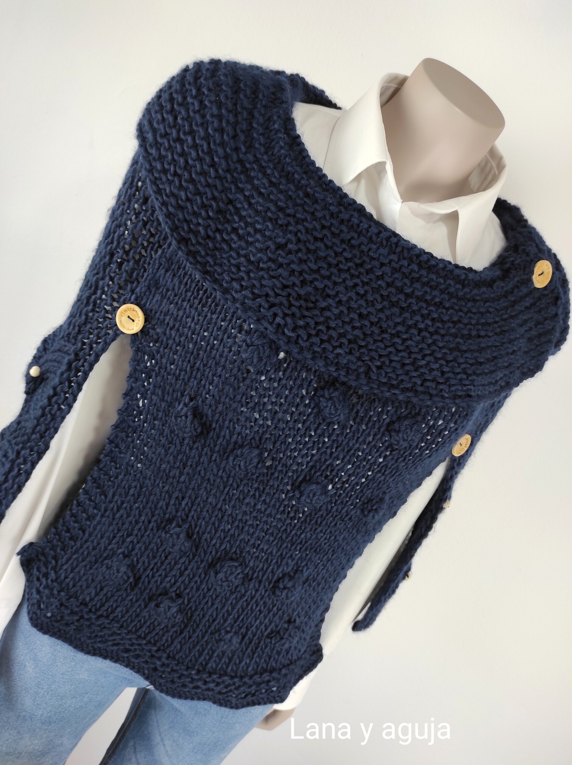 Poncho abierto, tejido a mano, Talla M, estilo casual, lana suave. - 3