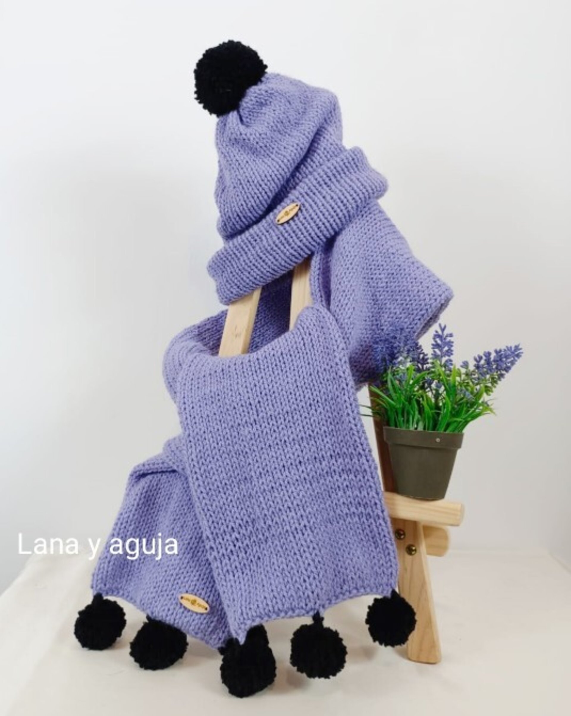 Conjunto de gorro y bufanda, bufanda tejida a mano. - 7
