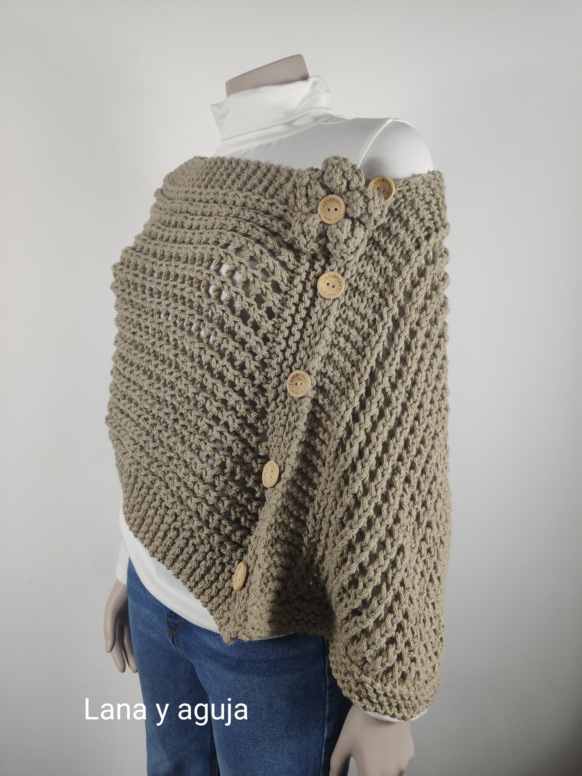 Chal tejido a mano, Poncho de lana para mujer, Algodón grueso natural. - 2