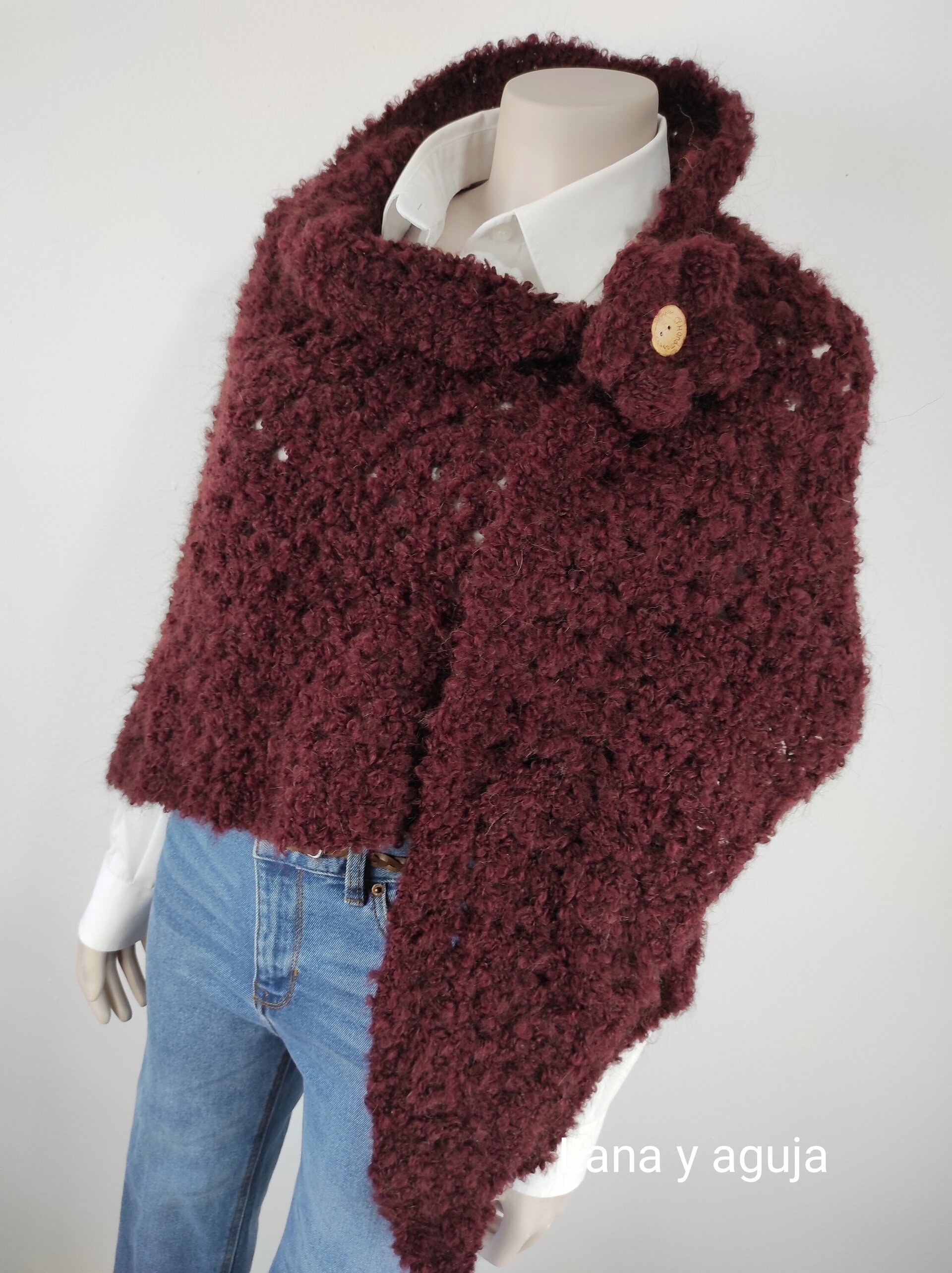 Chal para mujer, Poncho calado tejido a mano, rojo burdeos. - 4