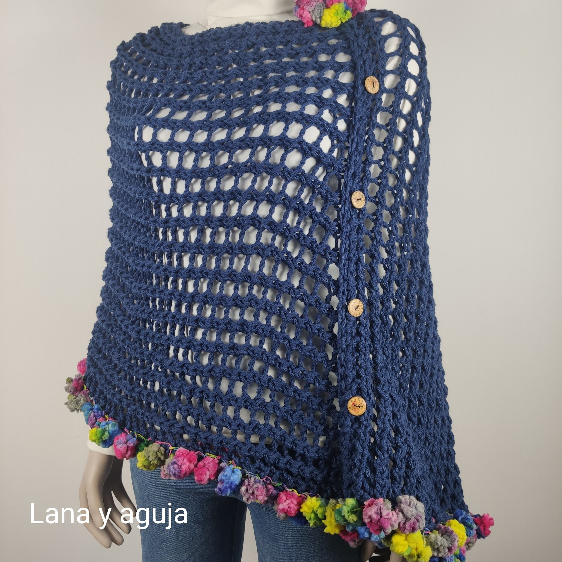 Poncho algodón, bolso algodón, chal calado, color azul, poncho mujer. - 2