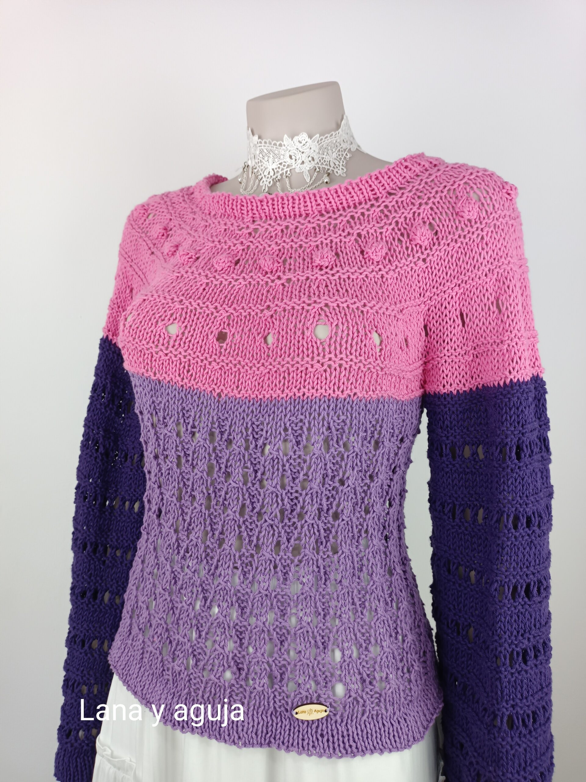 Jersey de lana, Talla M, suerte  corto de algodón, tejido a mano. - 5