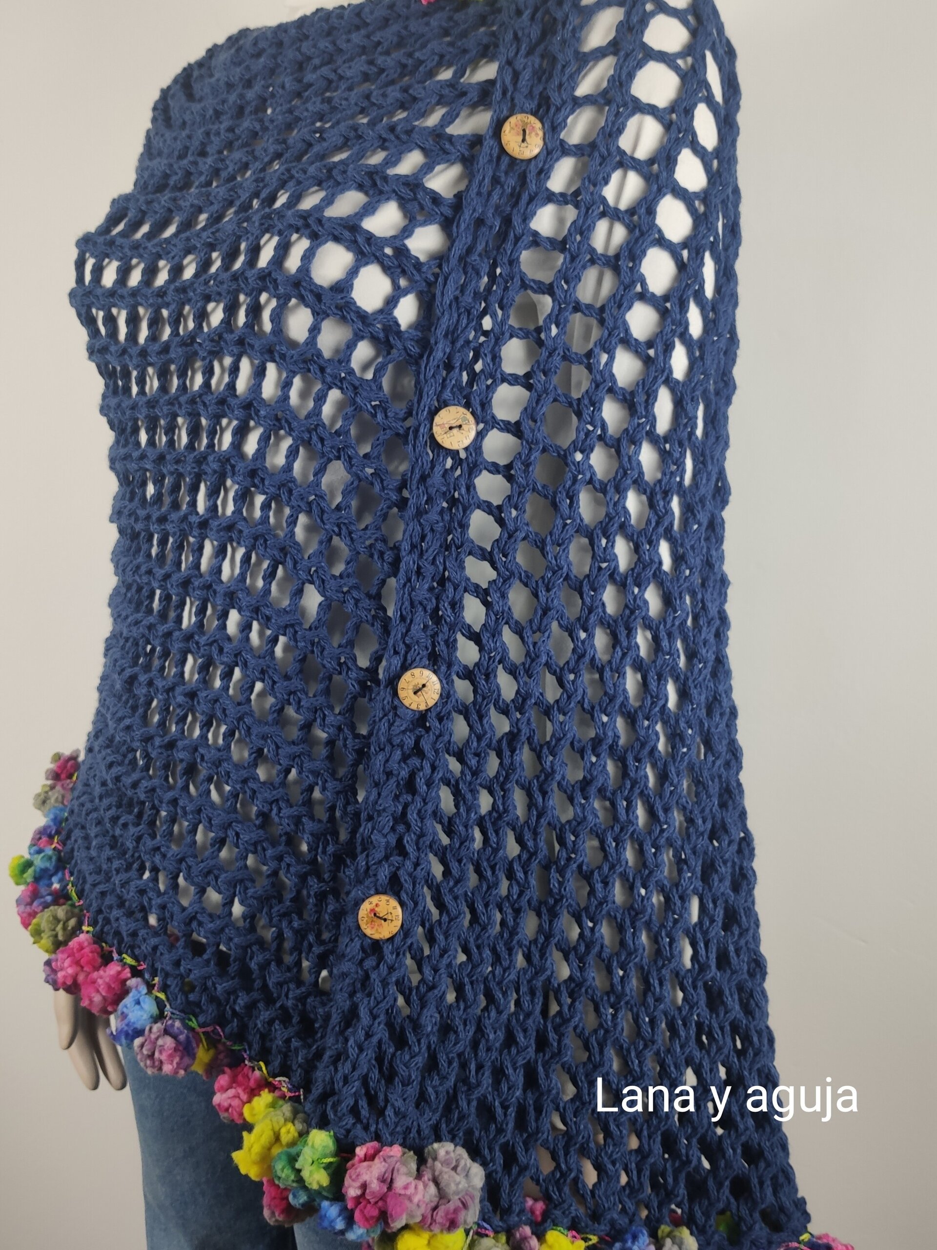 Poncho algodón, bolso algodón, chal calado, color azul, poncho mujer. - 3