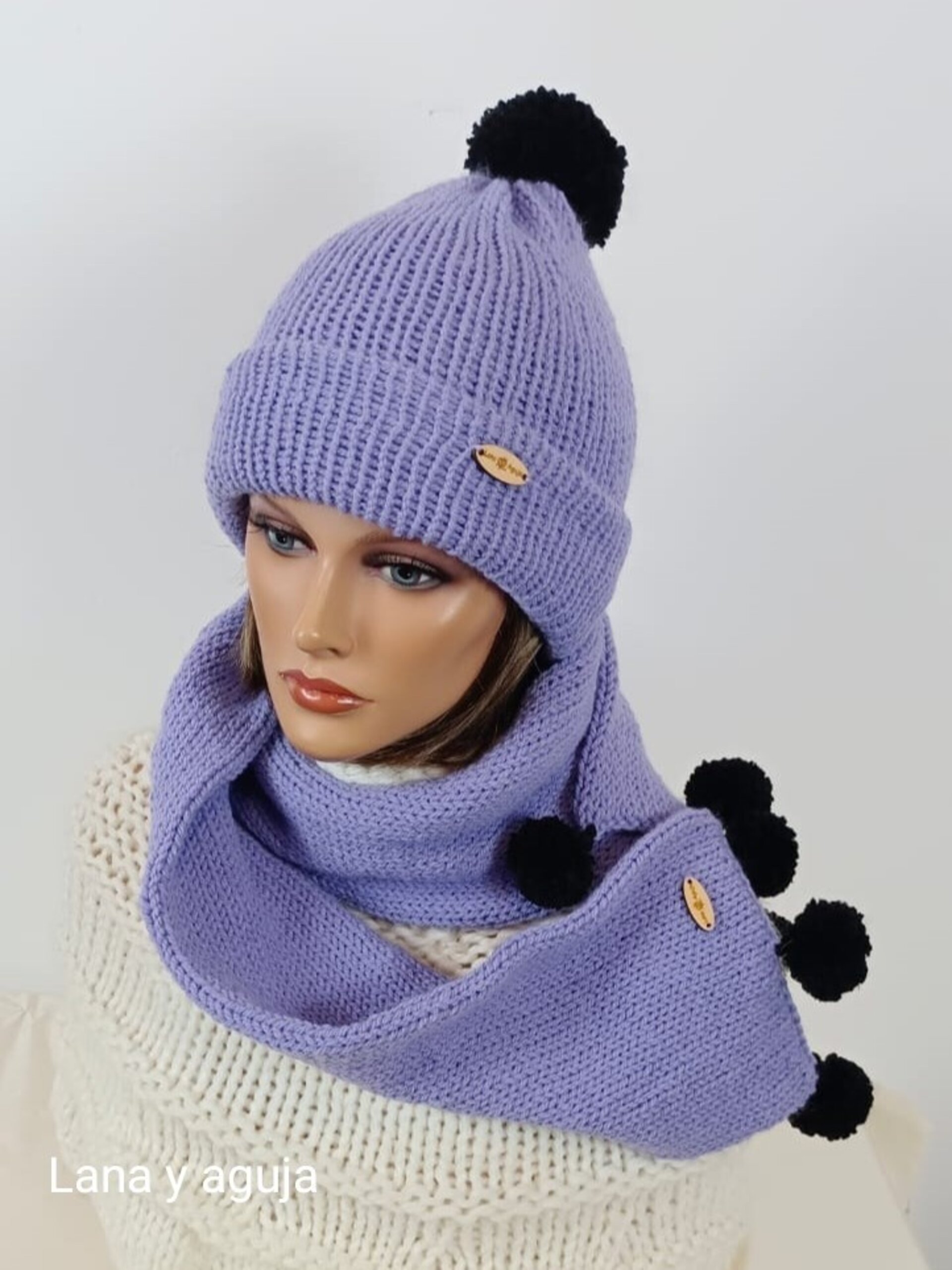 Conjunto de gorro y bufanda, bufanda tejida a mano. - 6