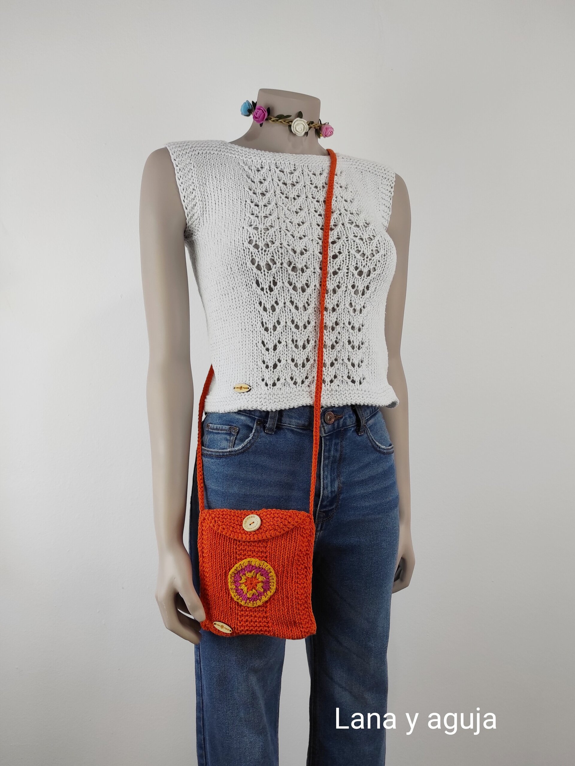 Bolso pequeño, tejido a mano, Bolso de colgar, Cierre con botón. - 3