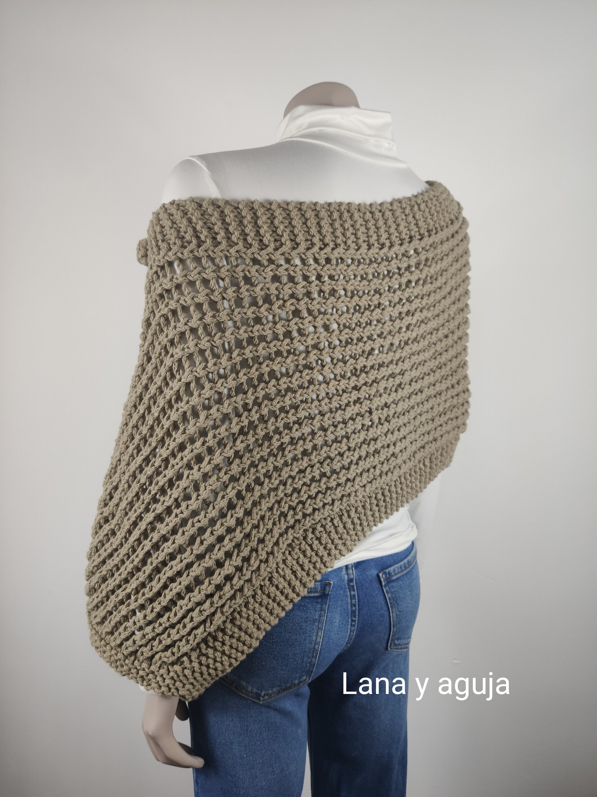 Chal tejido a mano, Poncho de lana para mujer, Algodón grueso natural. - 4