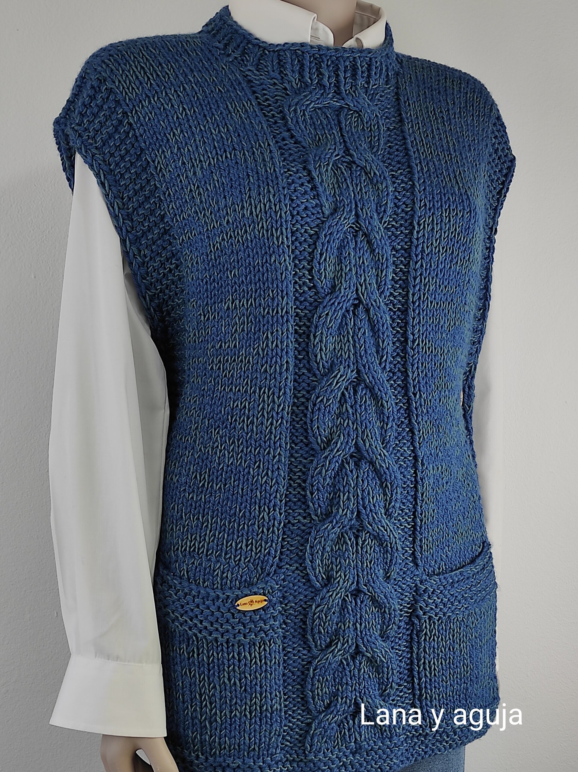Chaleco mujer, Talla L, cuello redondo, tejido a mano, chaleco con bolsillos. - 5