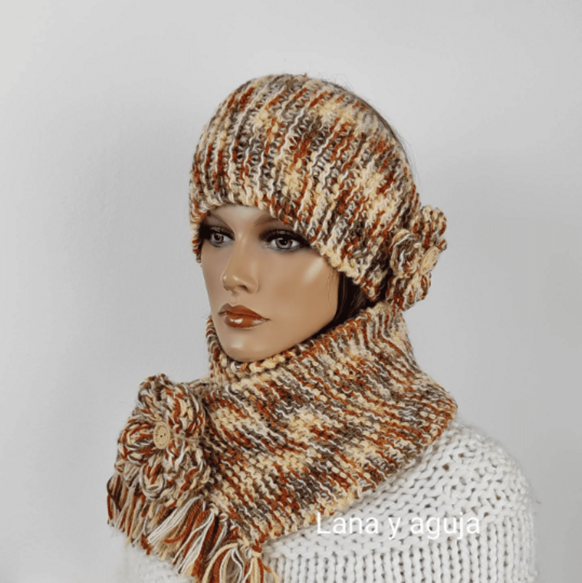 Conjunto de bufanda y diadema lana para mujer, tejido a mano. - 4