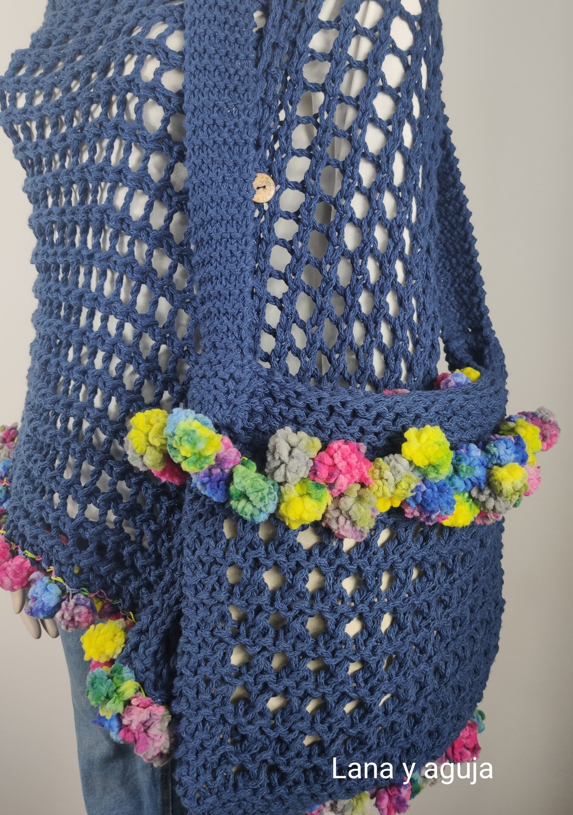 Poncho algodón, bolso algodón, chal calado, color azul, poncho mujer. - 6