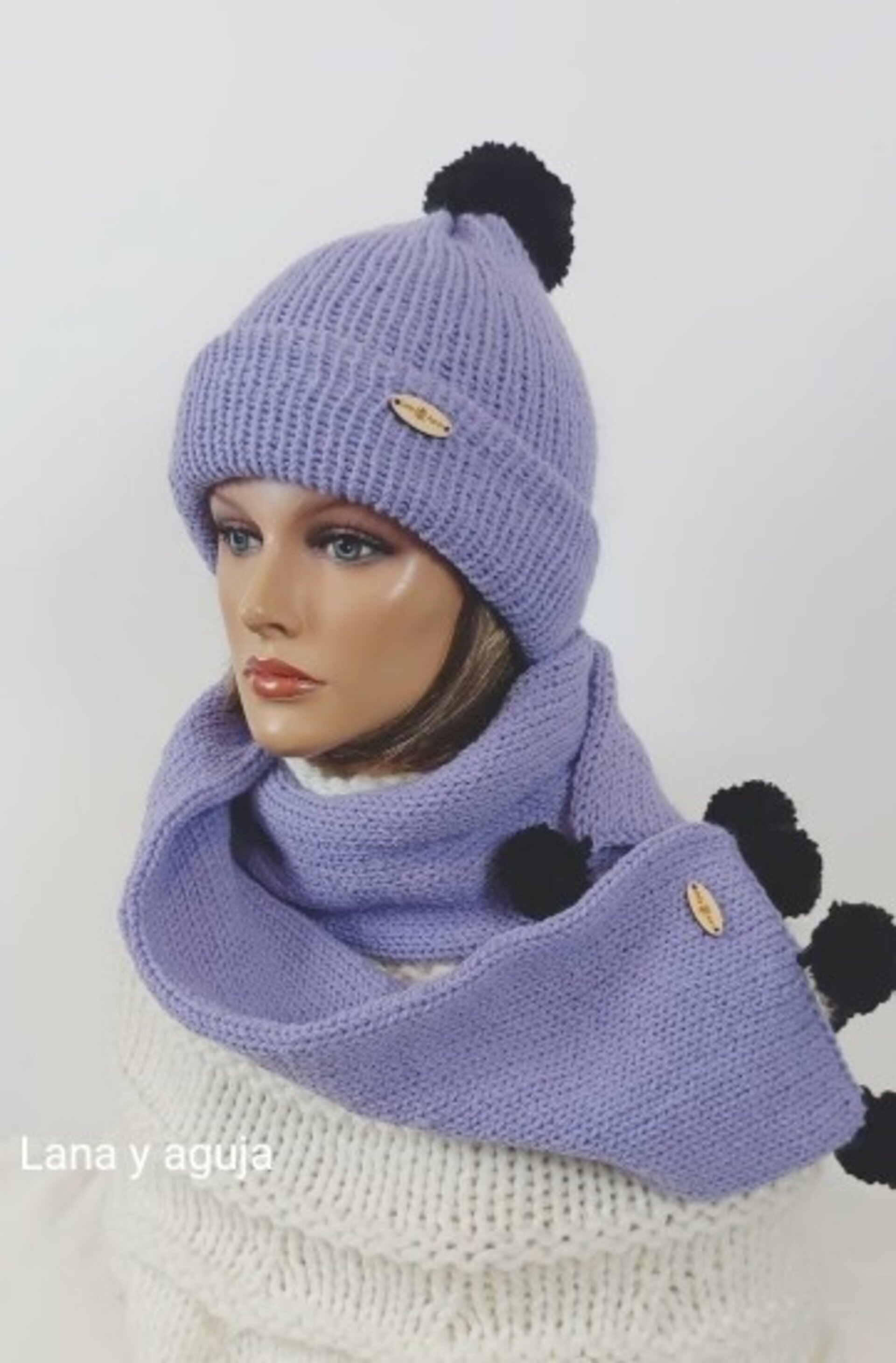 Conjunto de gorro y bufanda, bufanda tejida a mano. - 4