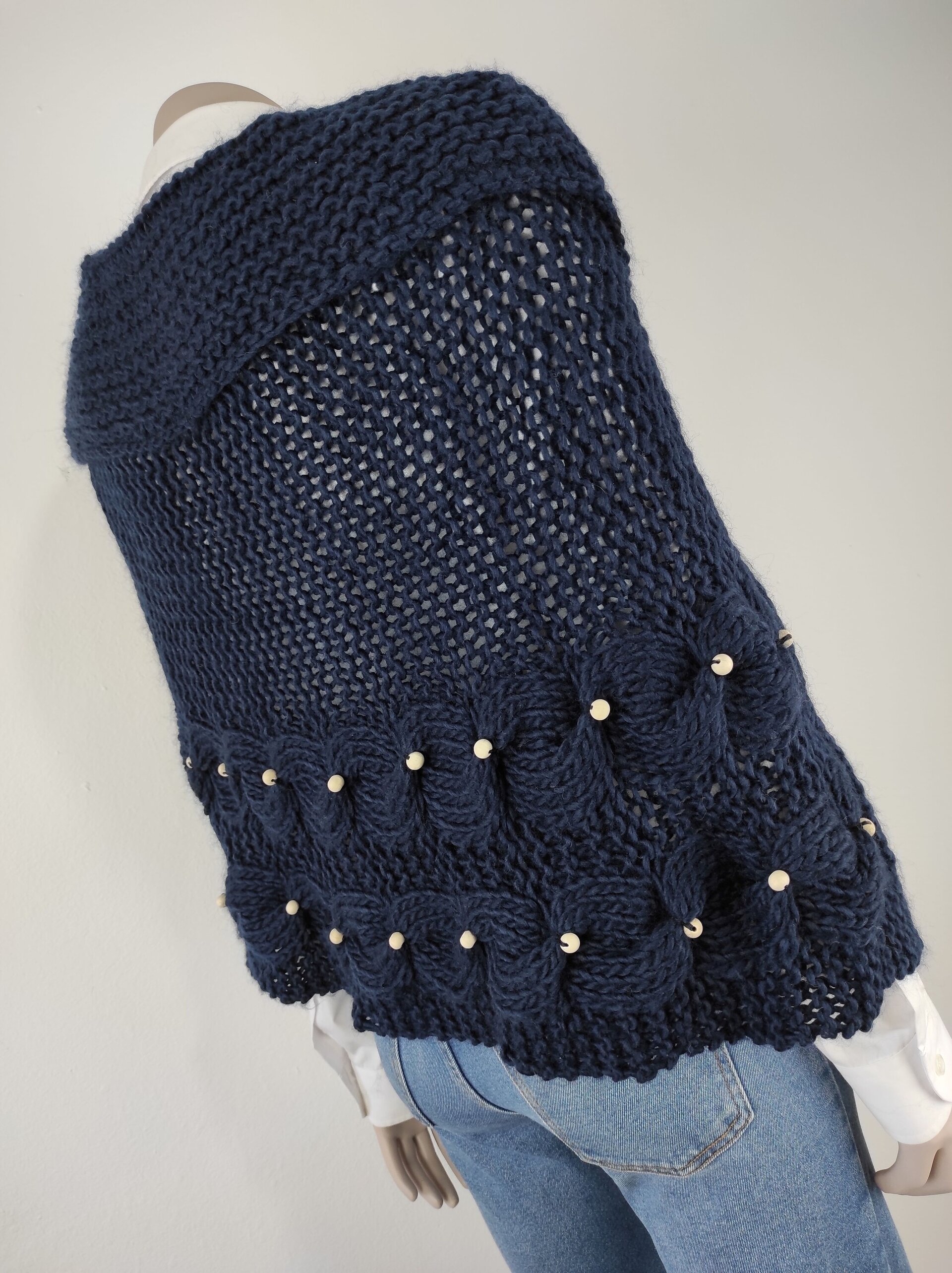 Poncho abierto, tejido a mano, Talla M, estilo casual, lana suave. - 4