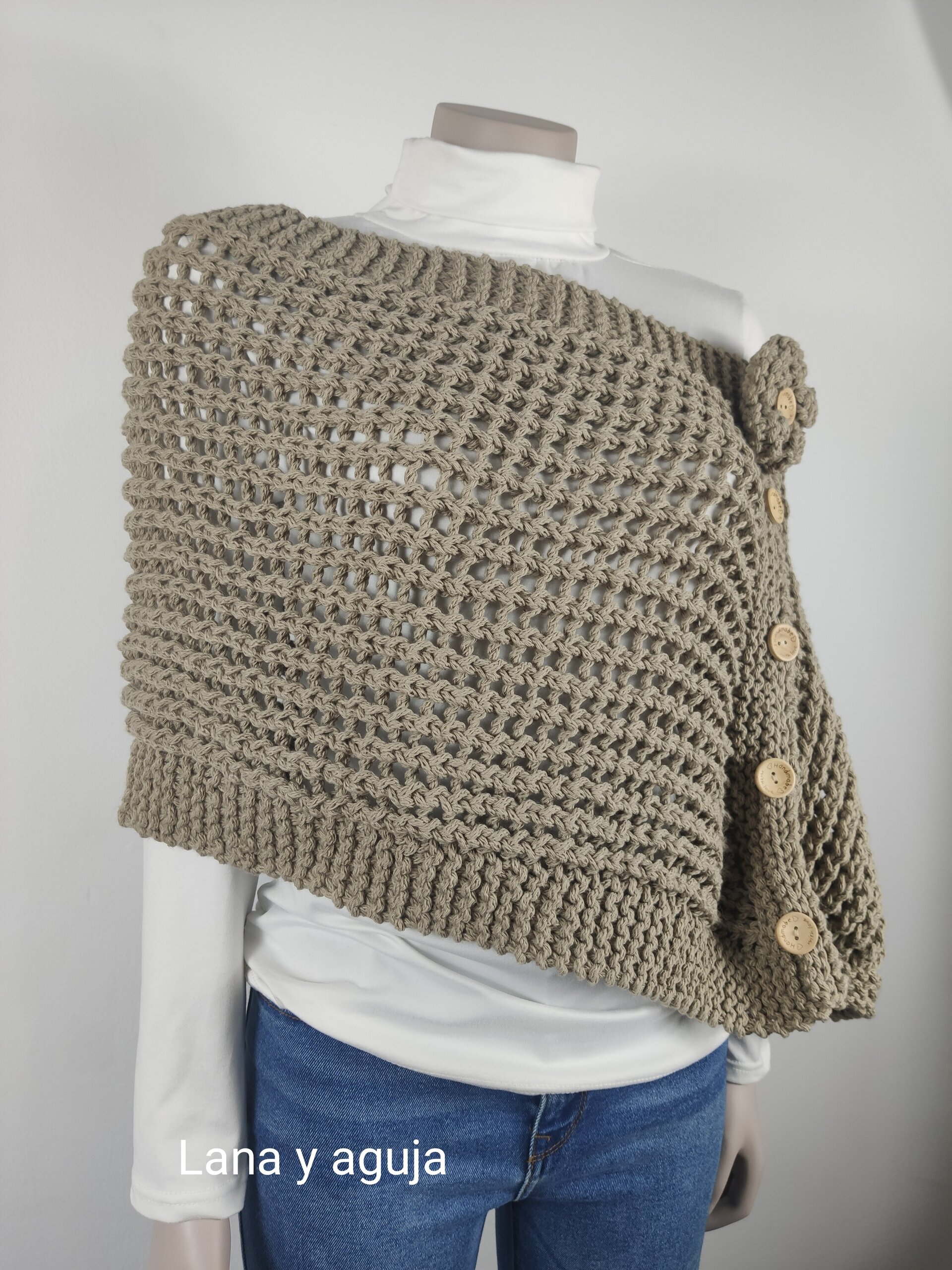 Chal tejido a mano, Poncho de lana para mujer, Algodón grueso natural. - 3