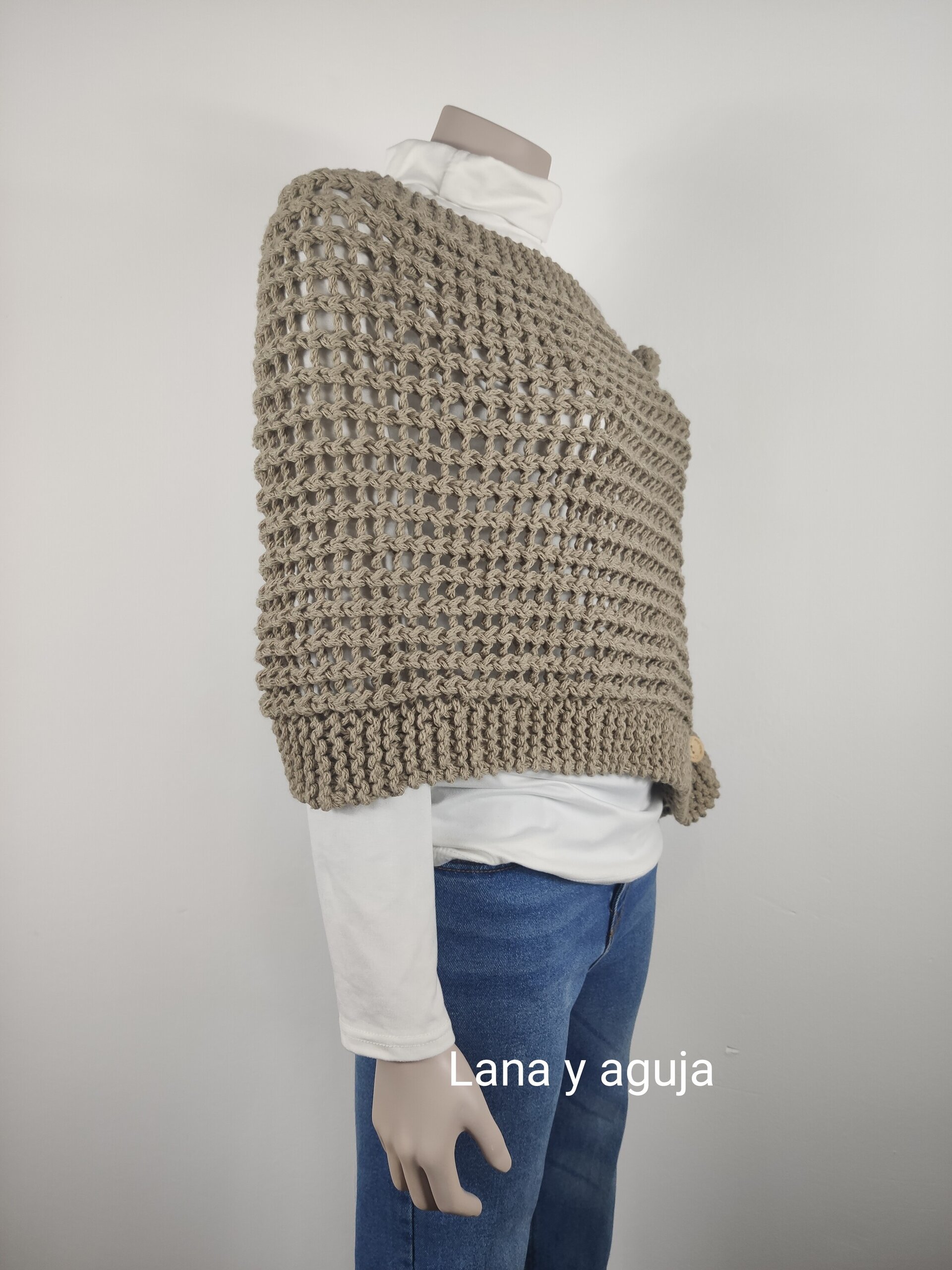 Chal tejido a mano, Poncho de lana para mujer, Algodón grueso natural. - 5