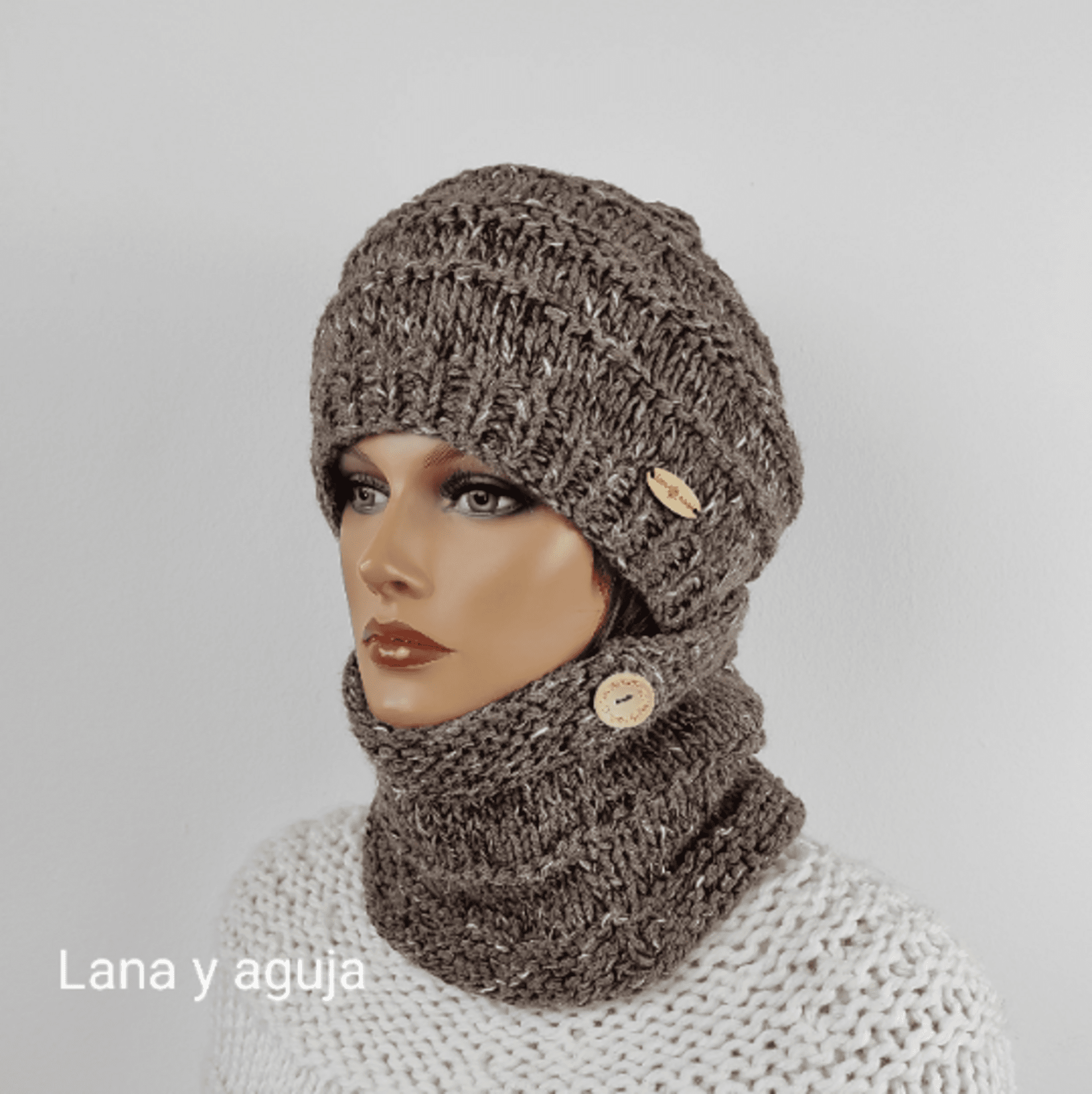 Conjunto de gorro y cuello de lana para mujer, tejido a mano, marrón jaspeado. - 2