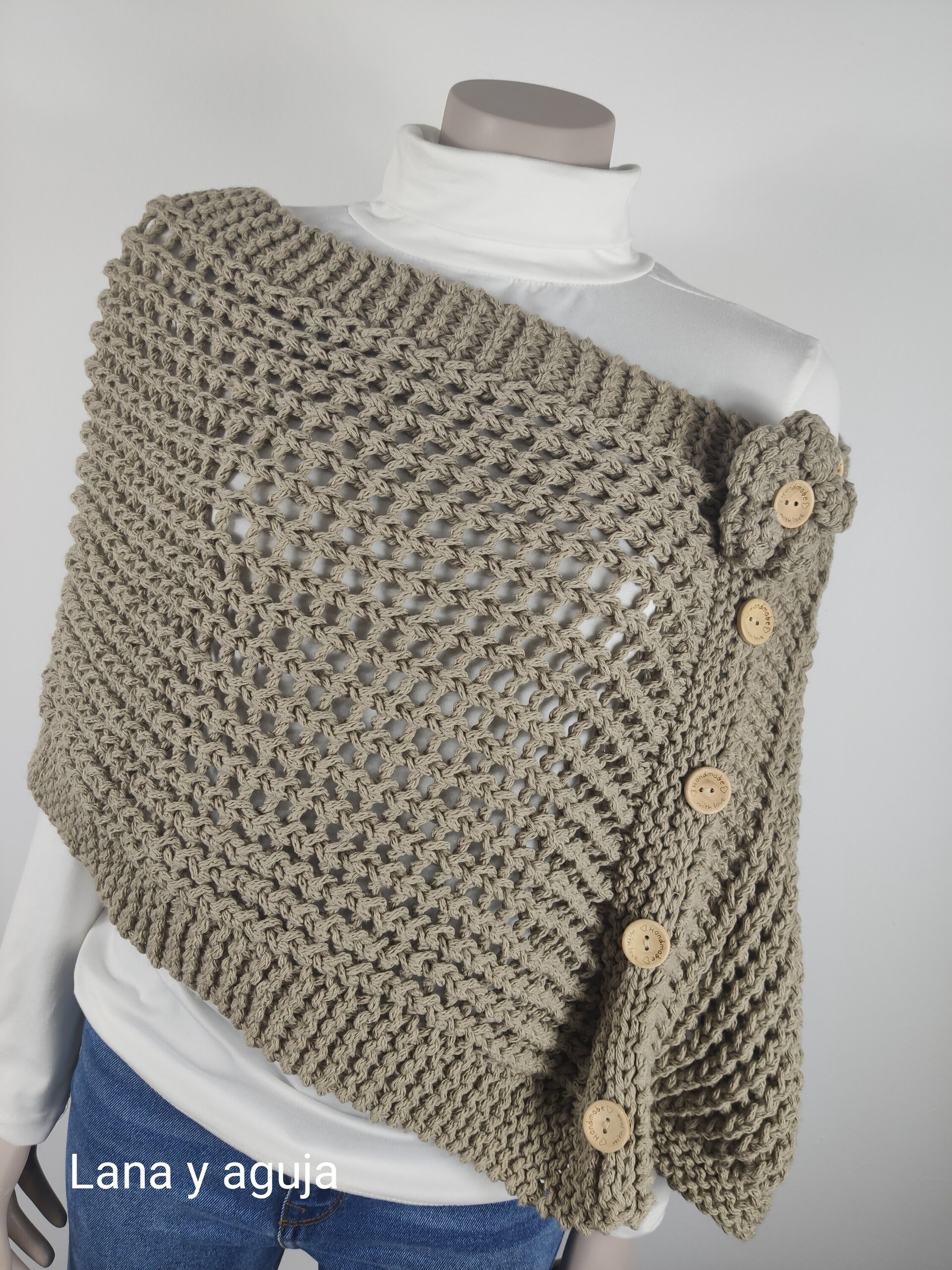 Chal tejido a mano, Poncho de lana para mujer, Algodón grueso natural. - 6