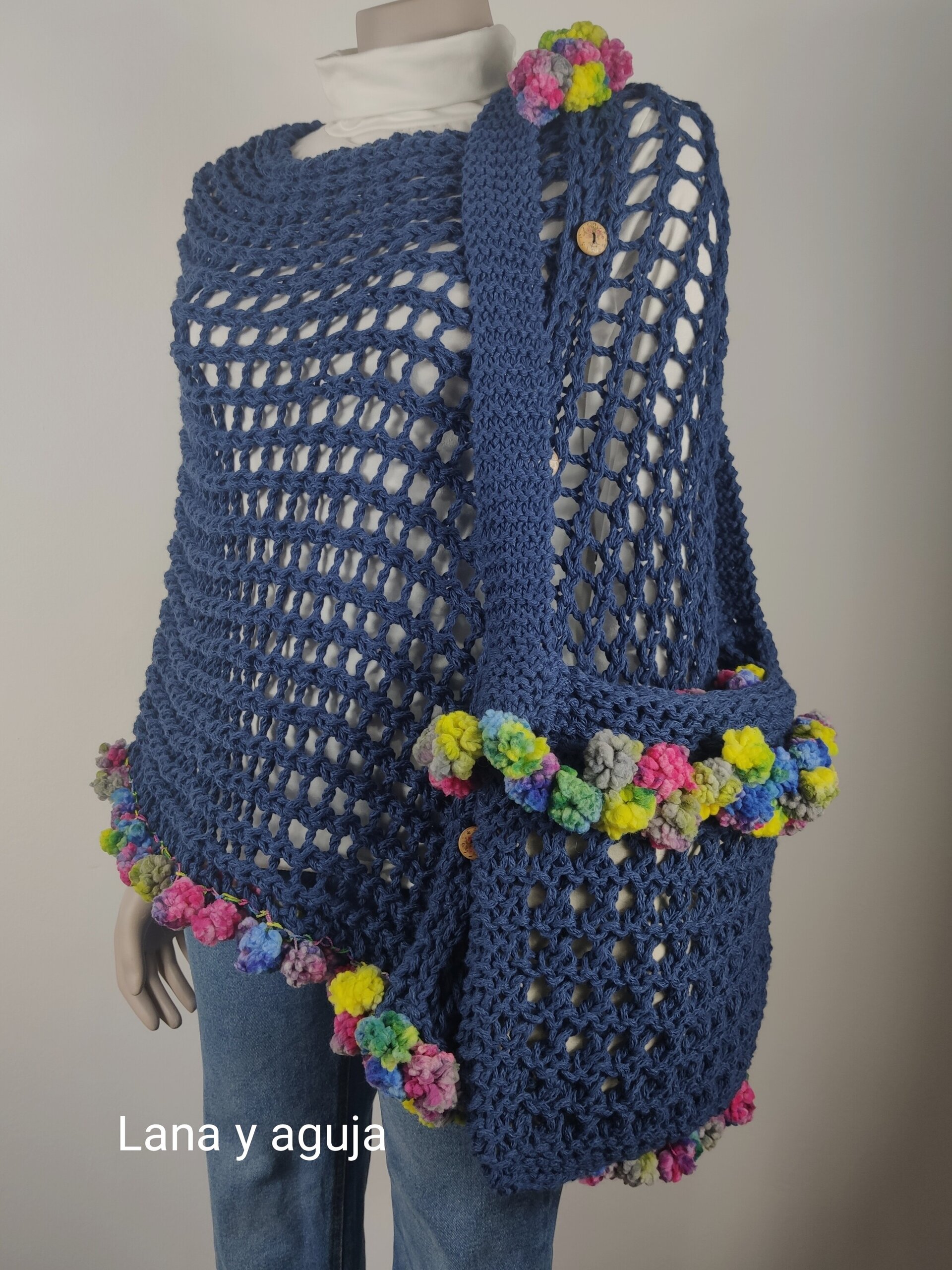 Poncho algodón, bolso algodón, chal calado, color azul, poncho mujer. - 4