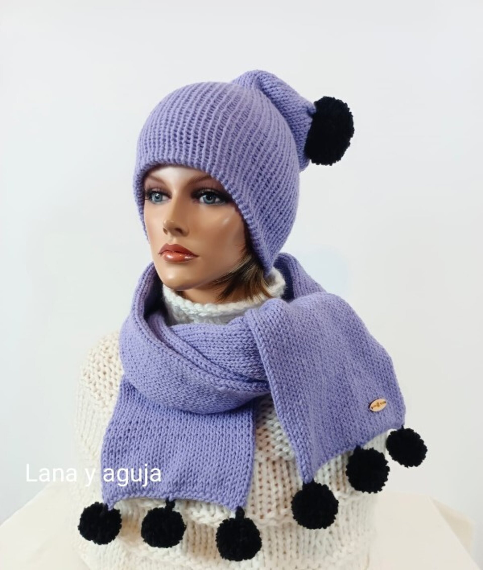 Conjunto de gorro y bufanda, bufanda tejida a mano. - 2