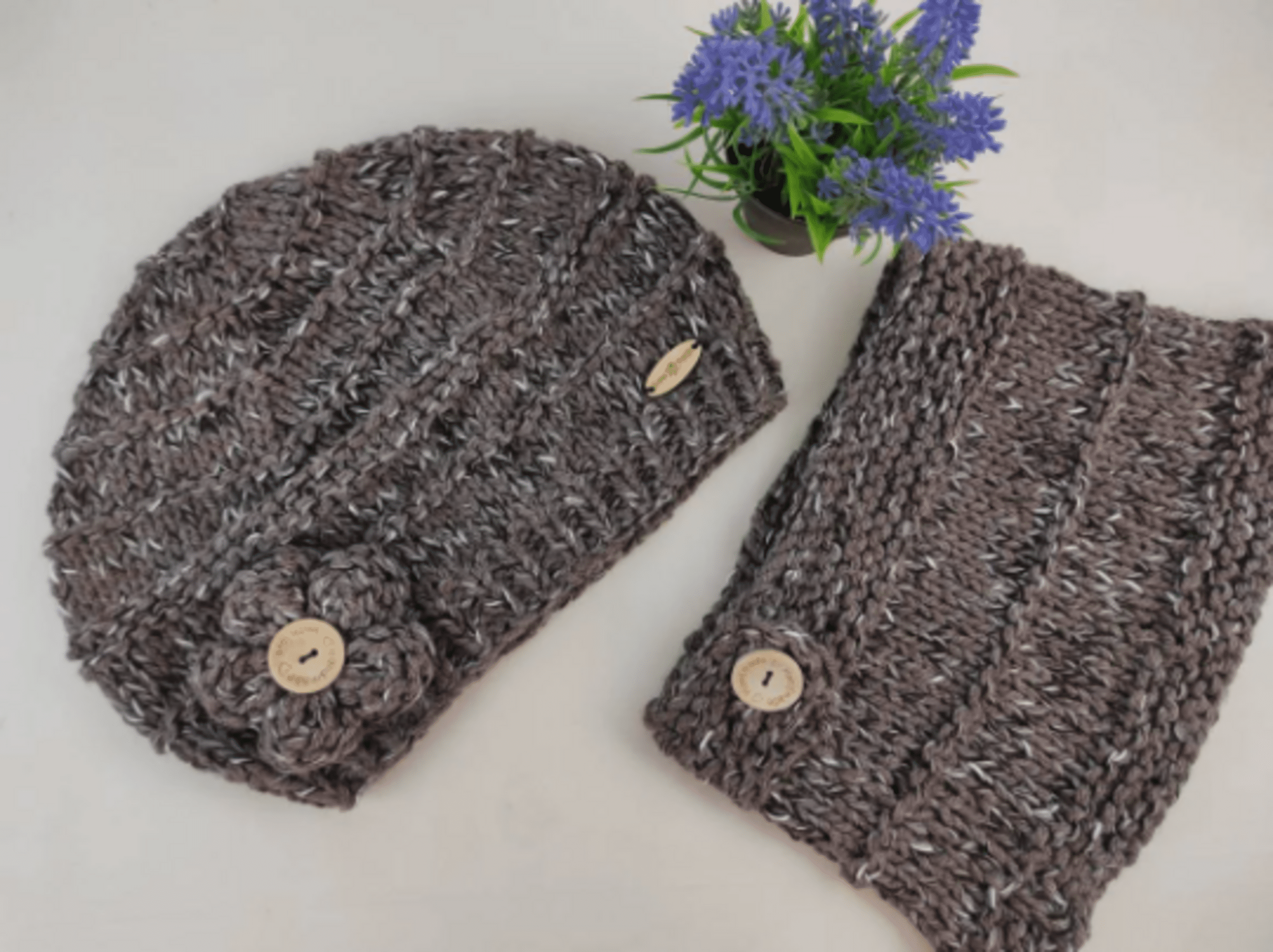 Conjunto de gorro y cuello de lana para mujer, tejido a mano, marrón jaspeado. - 7